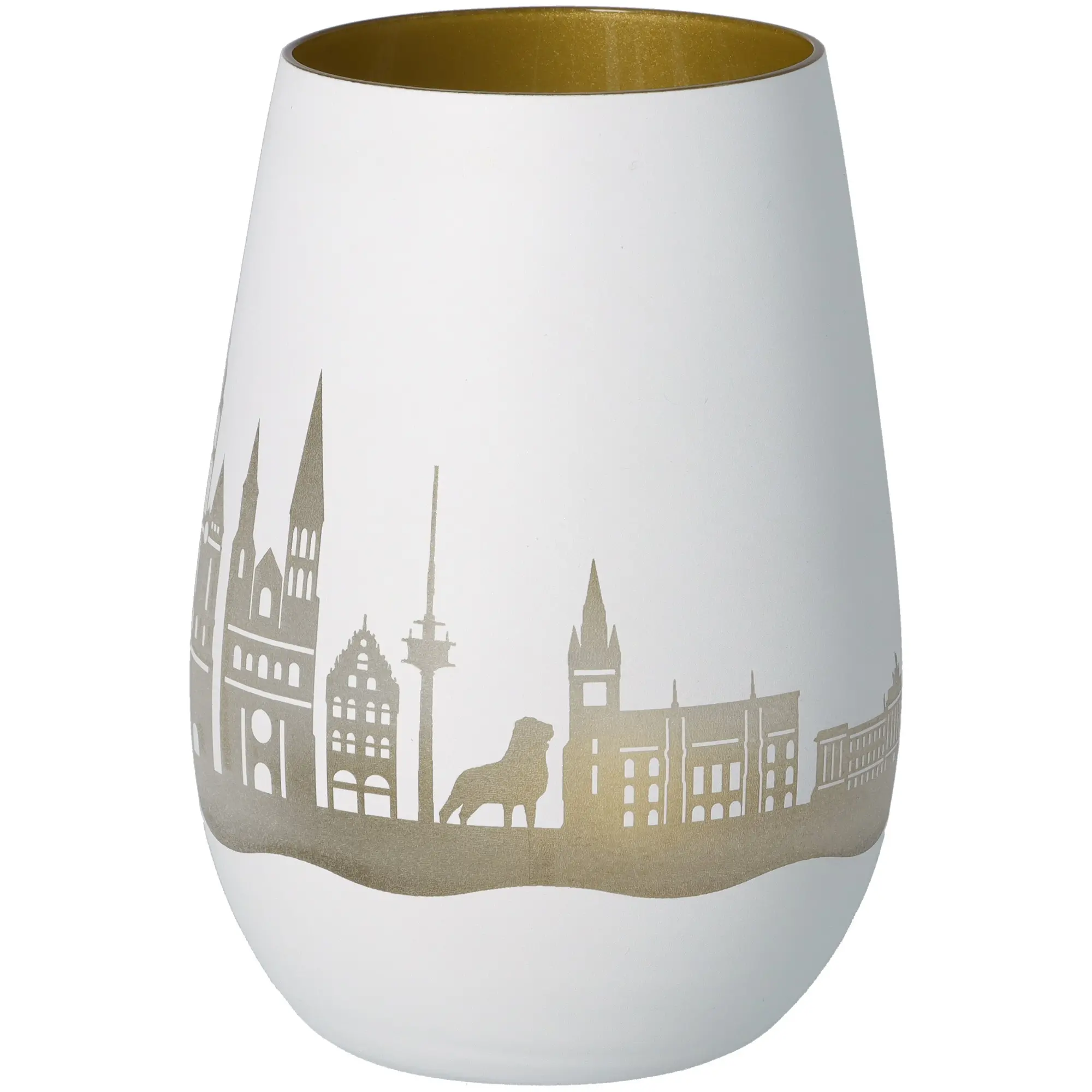 vase, porzellan, weiß, stadtsilhouette, goldenes Innenleben