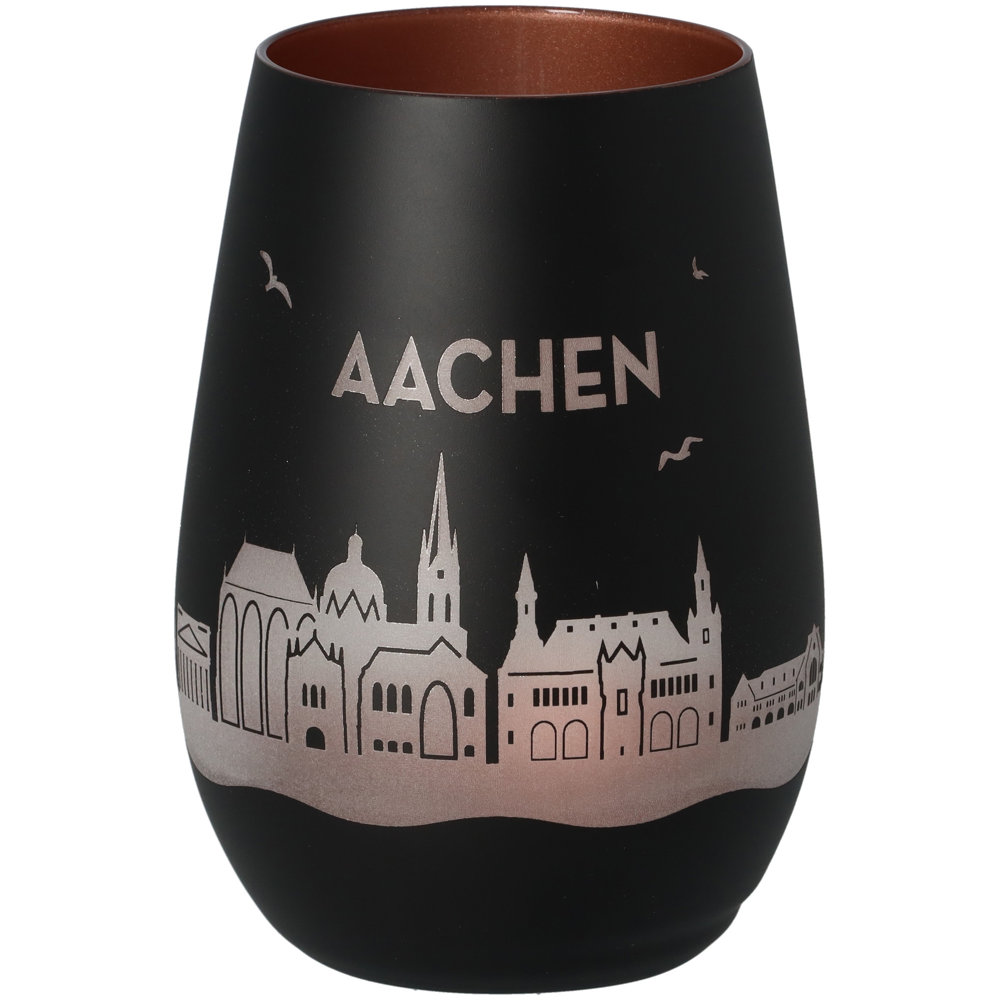 Schmuckkrug, Kunststoffbecher, Aachen-Motiv, Schwarz, Roségoldene Gravur