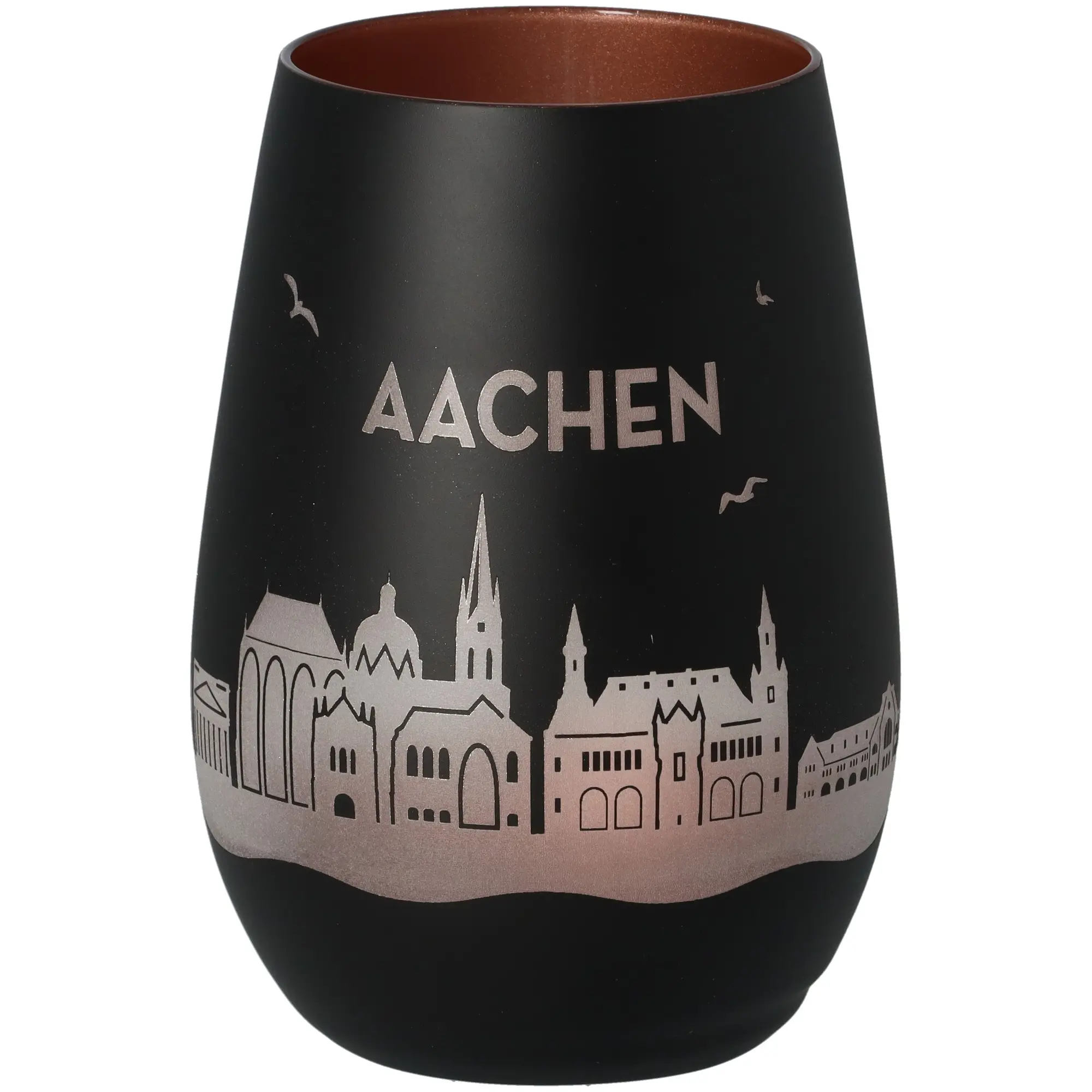 Schmuckkrug, Kunststoffbecher, Aachen-Motiv, Schwarz, Roségoldene Gravur