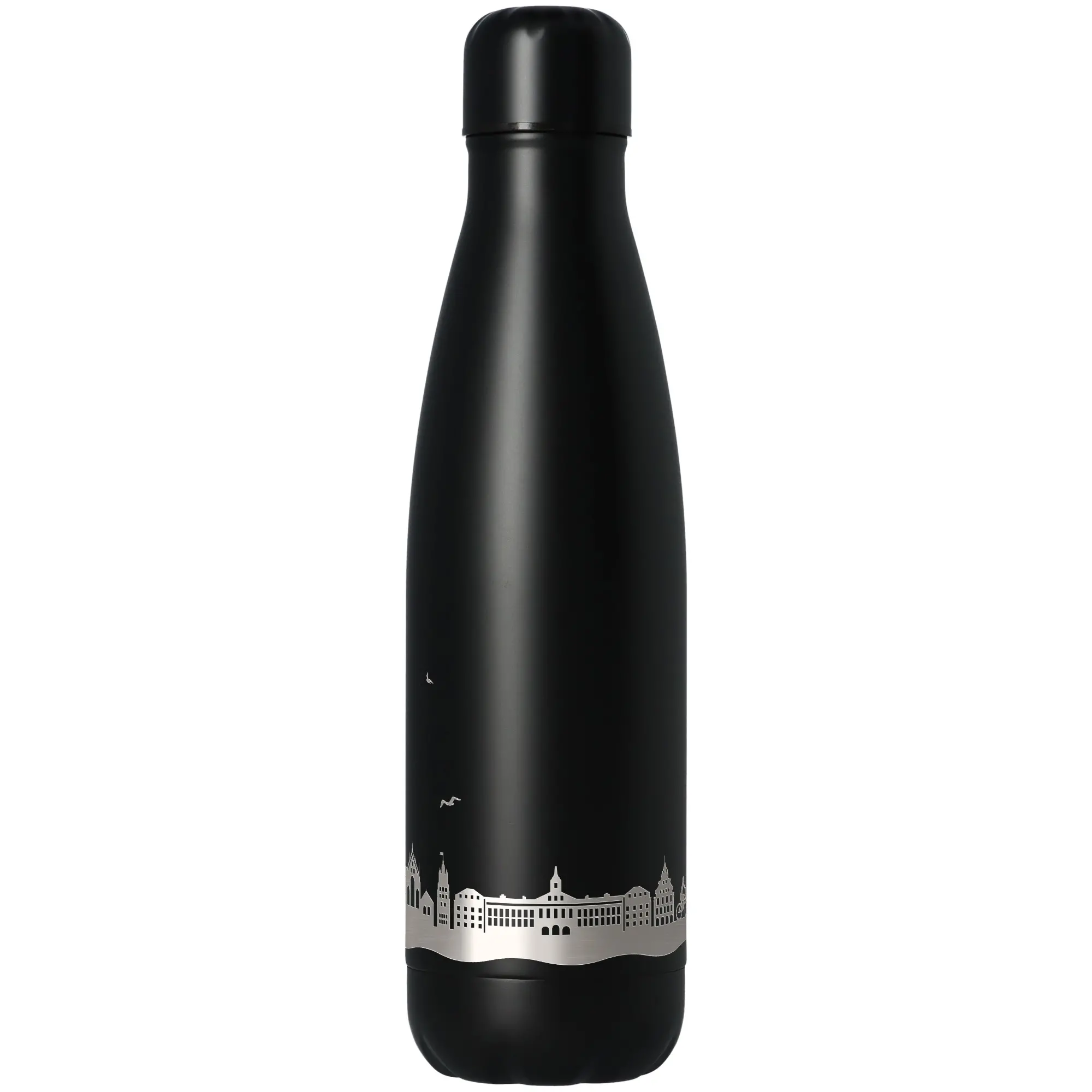 Thermalflasche, Stahl, schwarz, Gedruckte Skyline, Vakuum-Isolierung