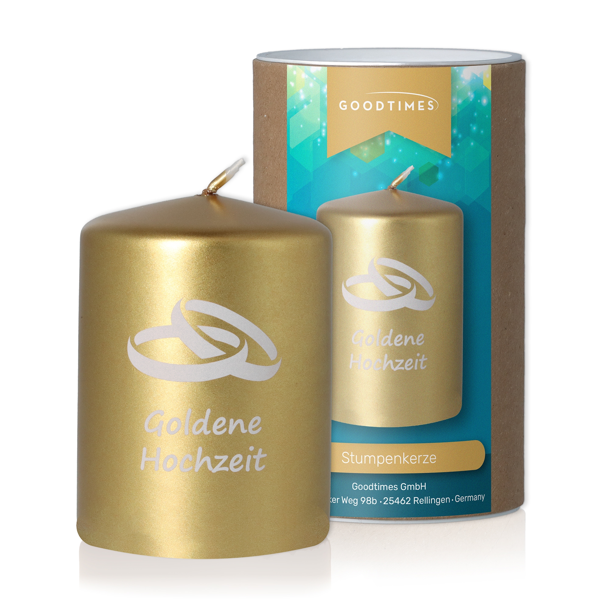 Stumpenkerze Metallic "Goldene Hochzeit" Stumpenkerze Metallic "Goldene Hochzeit"