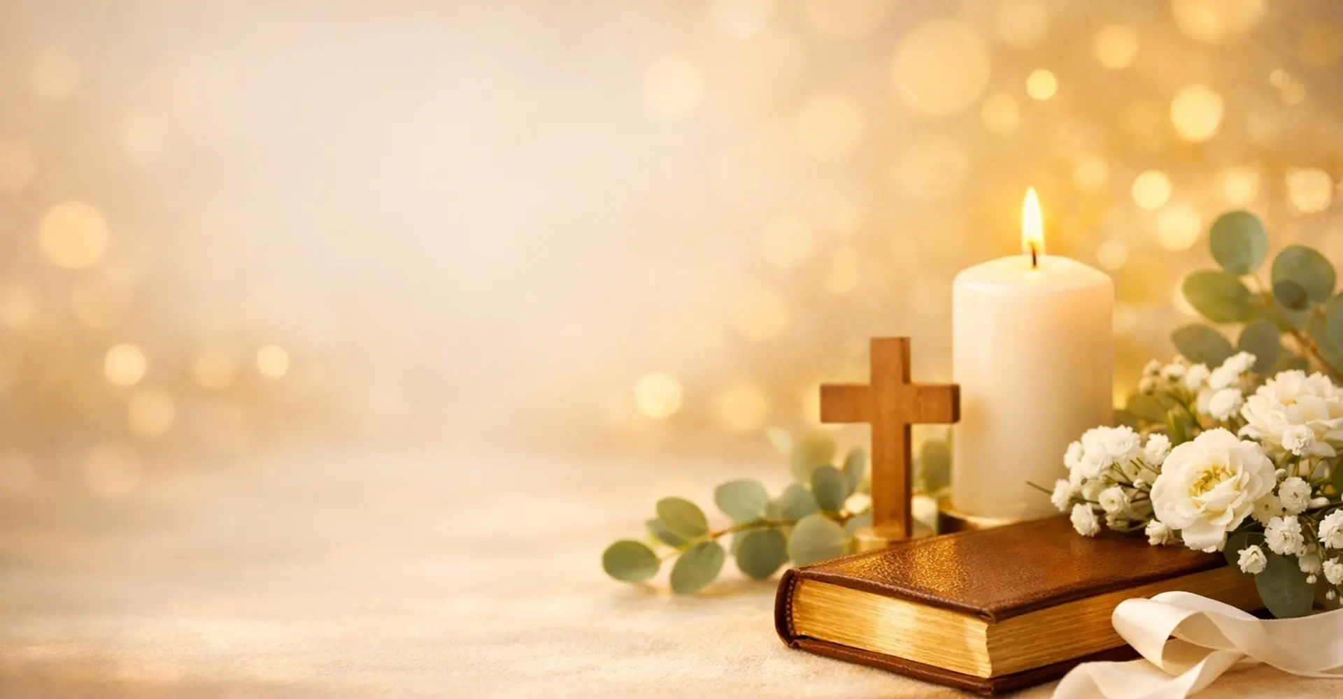 Kreuz, Buch, Kerze, Blumen, Altar