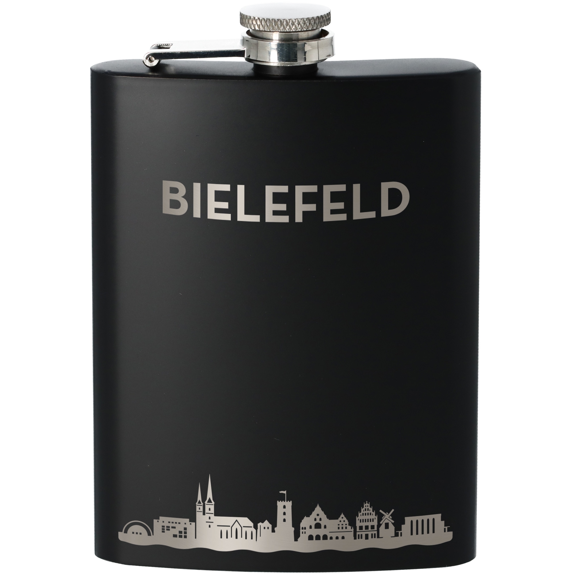 flasche, flasche mit deckel, schwarze flasche, metalldeckel, stadtsilhouette