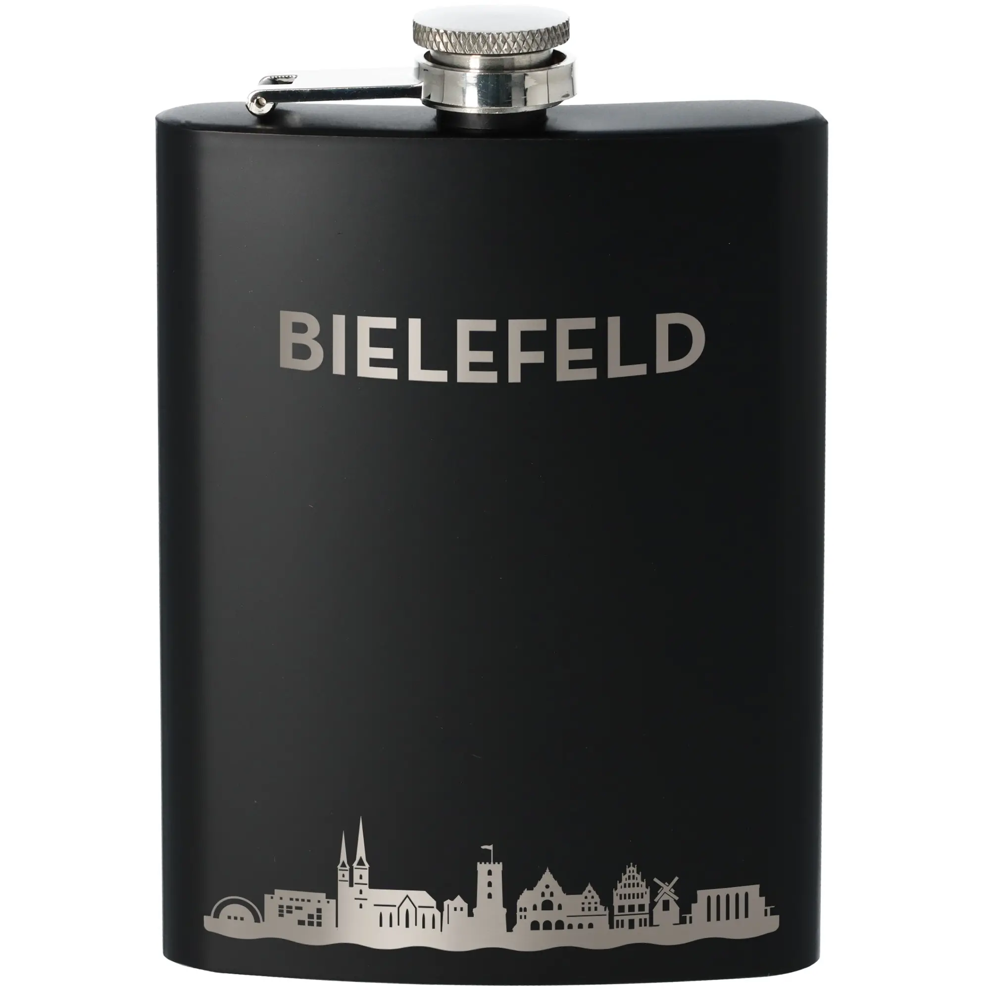 flasche, flasche mit deckel, schwarze flasche, metalldeckel, stadtsilhouette