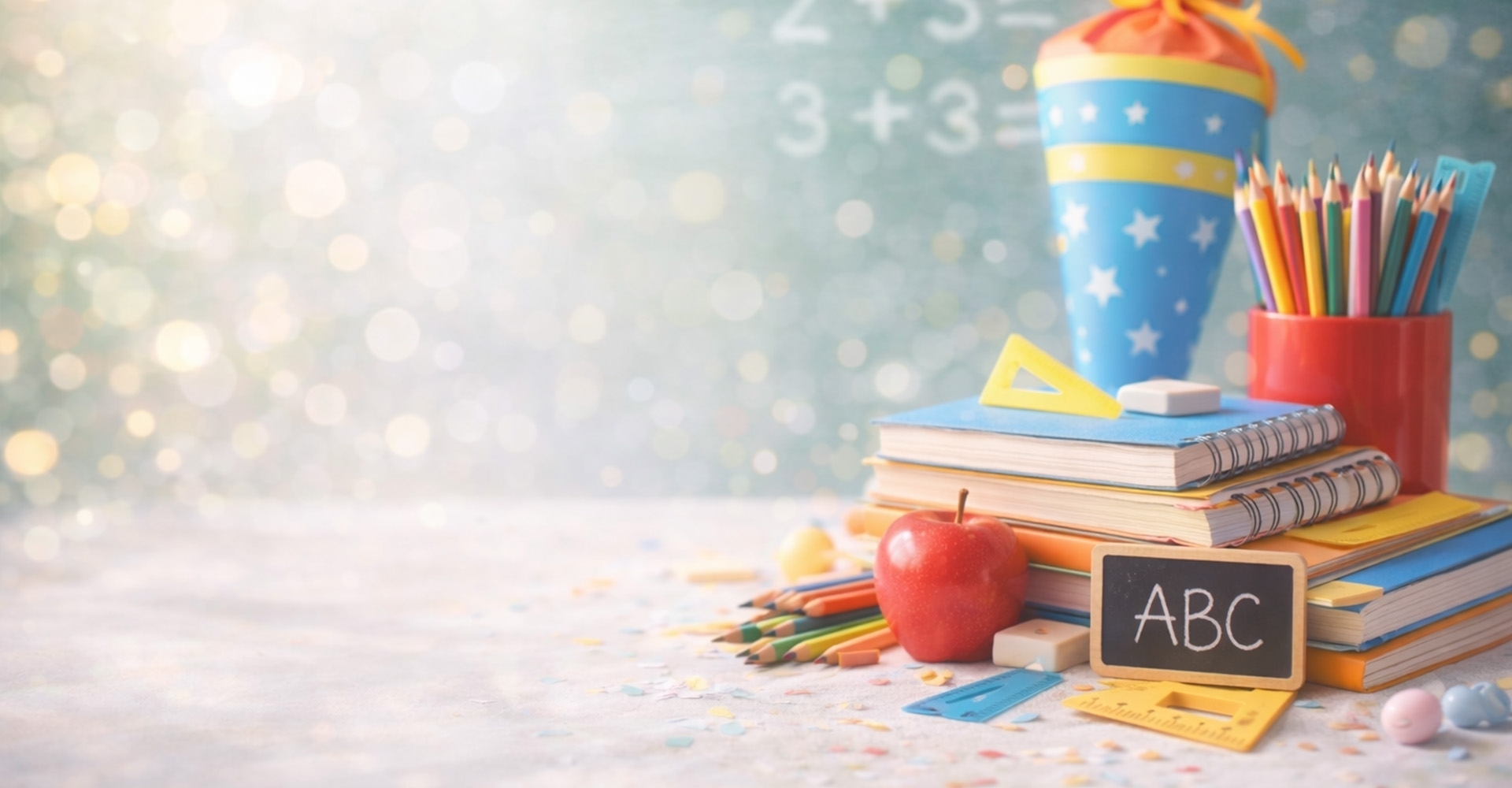 notebook, stift, apfel, buntstifte, kleine-tafel