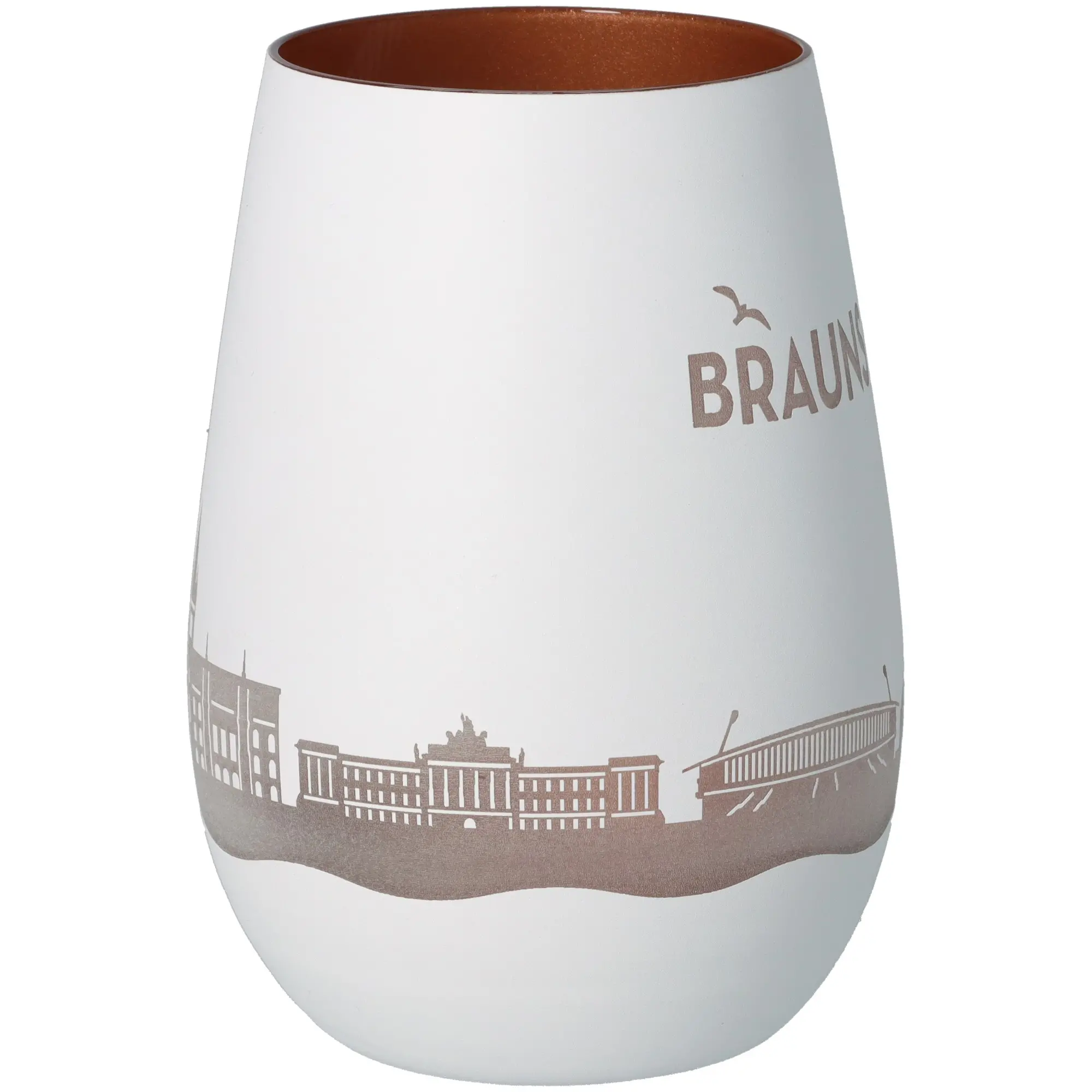 vase, keramik, weiß, brauner rand, stadtsilhouette