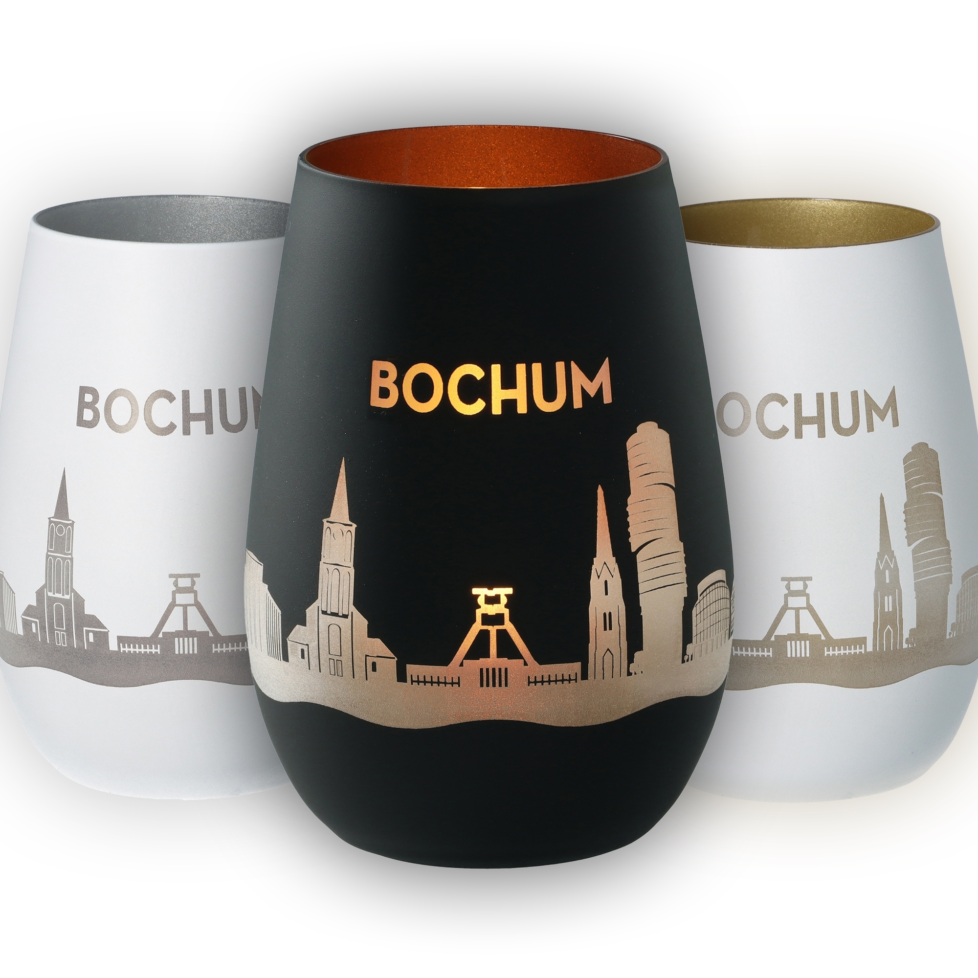 Weißer Becher, BecherSet, Bochum, Städtische Silhouette, Metallischer Akzent