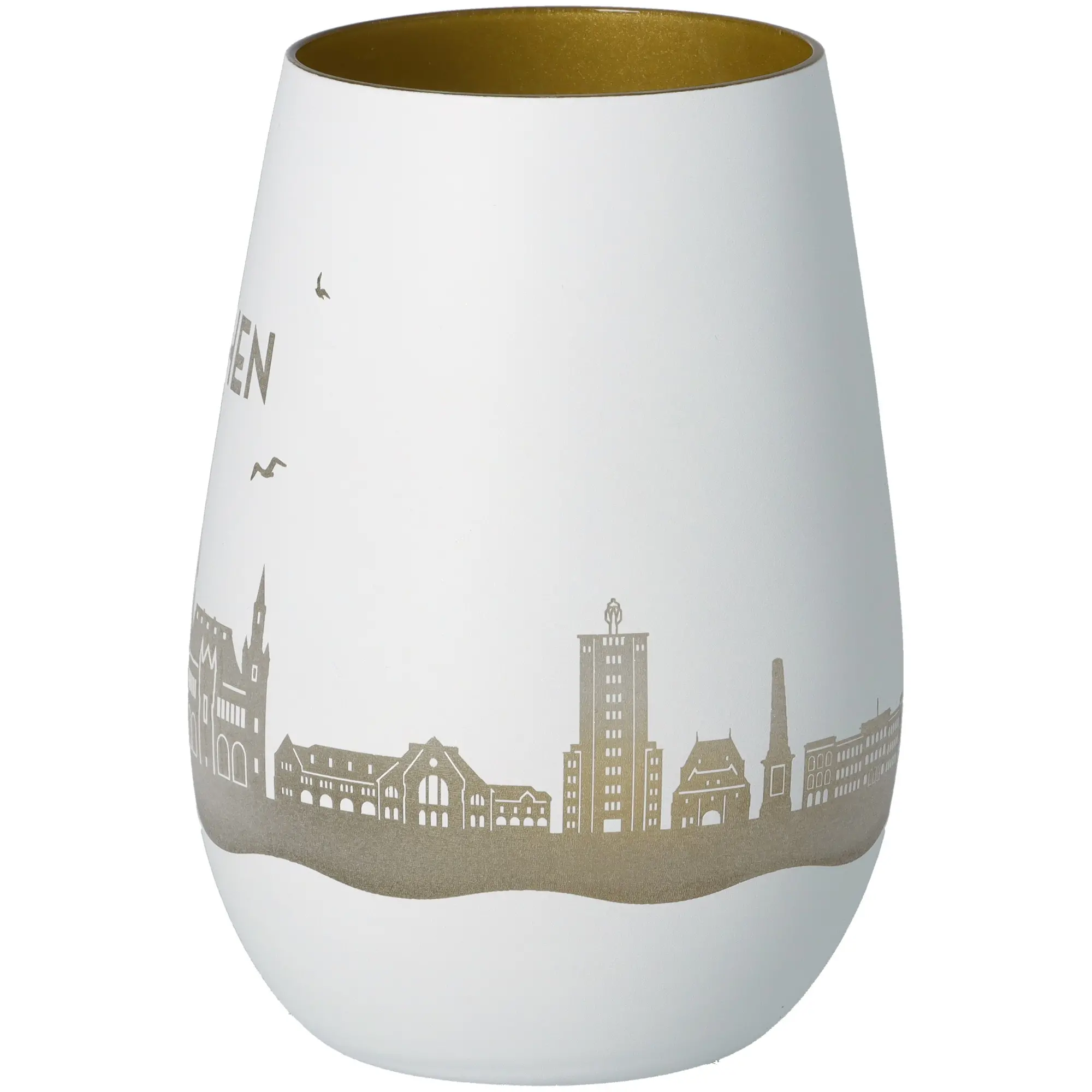 Vase, Porzellan, Weiß, Stadt-Silhouette, Goldinneres