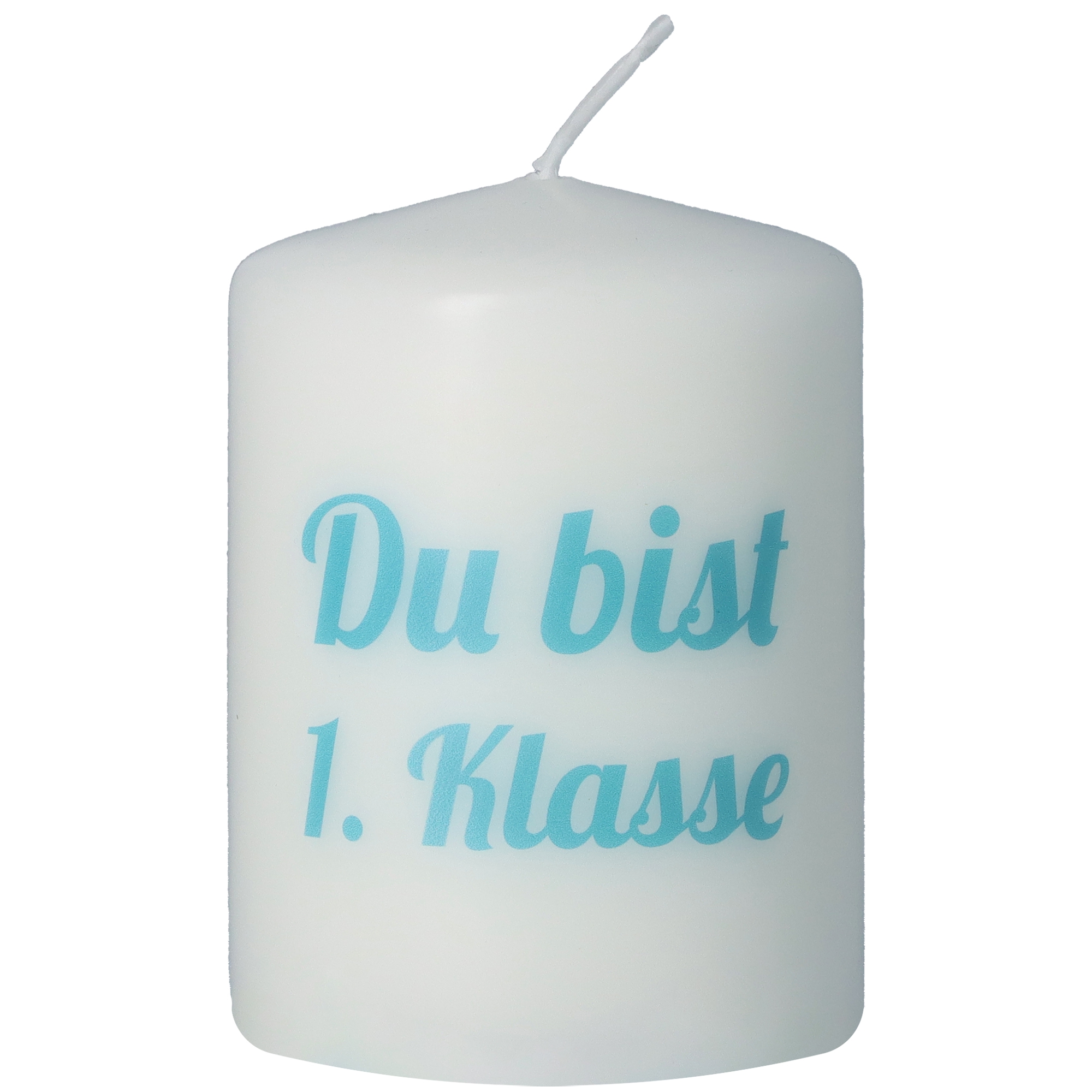 Stumpenkerze Weiß "Du bist 1. Klasse" Stumpenkerze Weiß "Du bist 1. Klasse"