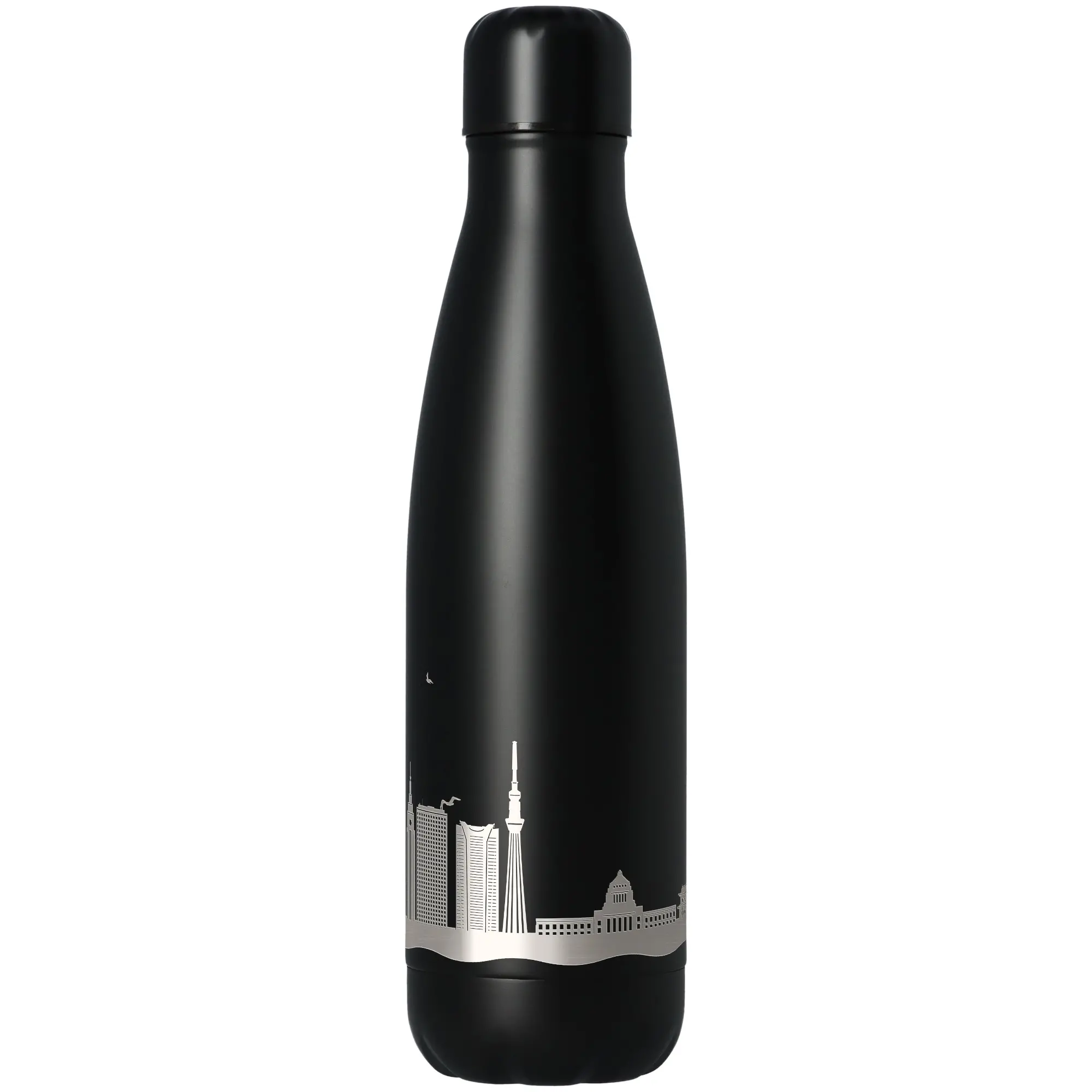 Thermoflasche, Stahl, Schwarz, Silhouette-Stadt, Vektor-Dekor